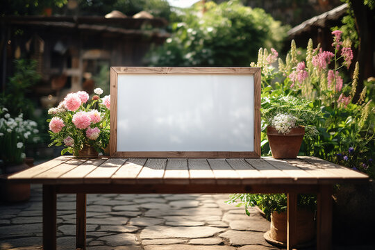Horizontal Blank Wooden Photo Frame on Table in Garden with Flowers at Bright Day