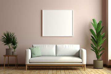 Empty White Photo Frame Mounted on Pastel Wall Background in Living Room with Sofa