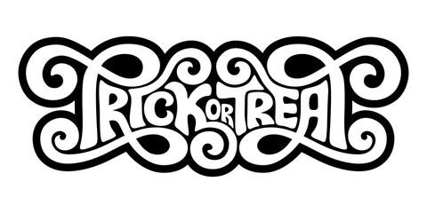 Trick or treat text banner with groovy hippie typography design, lettering vector art for Halloween poster.