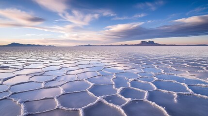 Obraz premium Photo of Salar de Uyuni in Bolivia, the worlds largest salt flat. Surrounded by clouds - reated with Generative AI technology with misty clouds above created with Generative AI technology