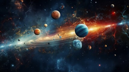 Panoramic view of space with planets. Solar system.