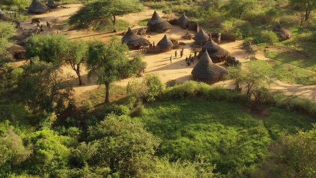 Aerial view of a Larim tribe village Imatong South Sudan