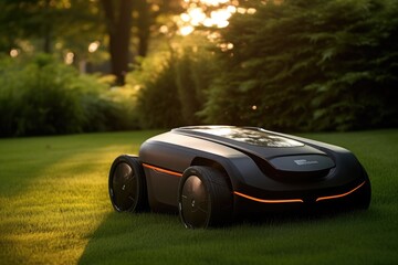 Sunny scene featuring a robotic lawn mower in action.