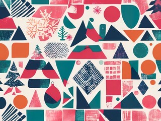 Risograph effect geometric Abstract shapes and Vector Christmas Boho elements with riso print texture with Generative AI.