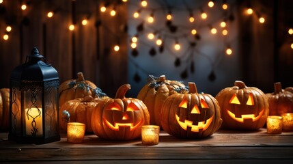 Fototapeta premium jack o lantern pumpkin on wooden table with copy space, Generative AI