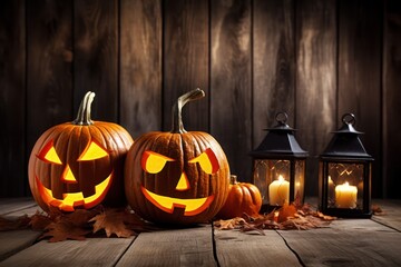 Obraz premium jack o lantern pumpkin on wooden table with copy space, Generative AI