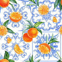 Sicilian majolica and ripe oranges seamless pattern. Watercolor hand drawn illustration of ceramic classic tiles and citruses. Endless background for fabric.
