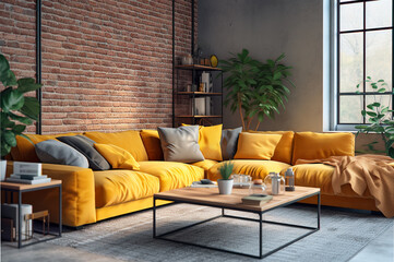Cozy Industrial Interior Living Room with ochre elements