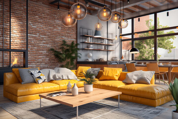 Industrial interior living room with ochre elements