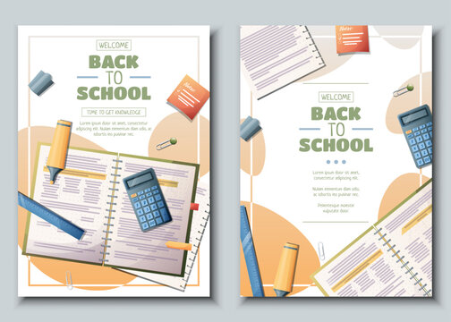 Set of flyer template with notebook with calculator and pencil. School time, back to school, education. Flyer, poster, banner size a 4