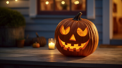 Halloween carved pumpkin on the porch outside