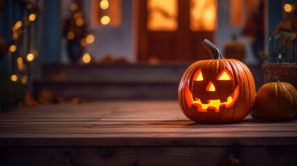 Halloween carved pumpkin on the porch outside