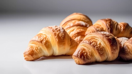 Isolated fresh, rosy croissants. Generative AI technology.