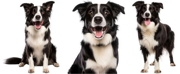 Collection of happy border collie dogs (portrait, sitting, standing) isolated on white background as transparent PNG