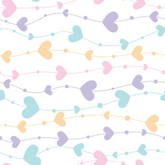 Seamless Pattern with Pastel Hearts and Wavy Line design on white Background. Design for scrapbooking, cards, paper goods, background, wallpaper, wrapping, fabric and more. Vector illustration