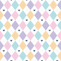 Pastel Argyle Seamless Pattern with hearts. Cute romantic Fabric texture background. design for knitted garment such as sweaters, socks and all your creative project. Vector illustration