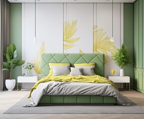 A tranquil and lush bedroom with inviting furniture and lush plants, creating an atmosphere of relaxation and calm