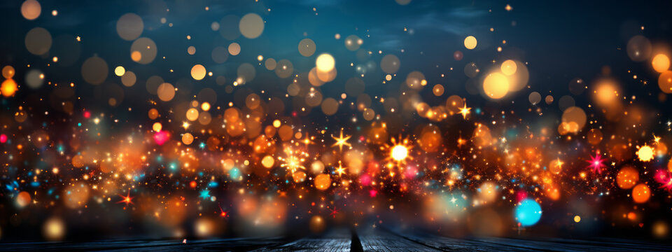 colorful gold and red firework and dark black blue night sky with bokeh lights in the background