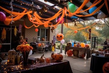 Naklejka premium Halloween party with a costume contest, dancing, and themed decorations, bringing together friends and family for a night of fun and laughter - Generative AI