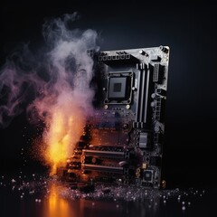 Dramatic scene of computer components undergoing intense overclocking and overheating - obrazy, fototapety, plakaty