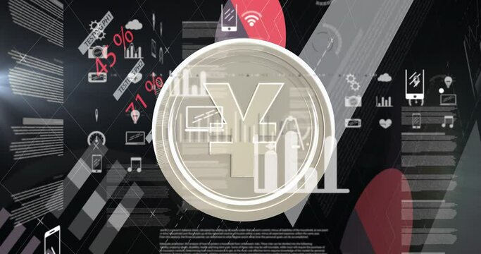 Animation of financial data processing over silver yen coin