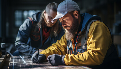 Fototapeta premium High quality stock photography Two engineers installing solar panels on roof,blue sky with sunlight,copy space