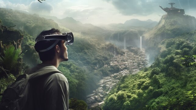 Photo Image of young man woman wearing virtual reality goggles VR. AI Generative