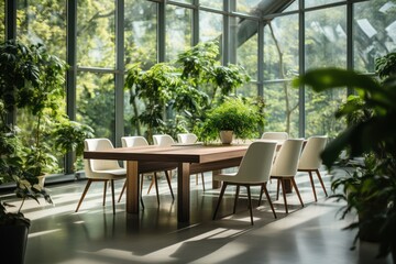 Obraz premium Dining Table with chairs and plants, Generative AI