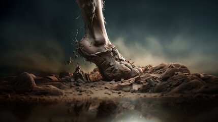 Fototapeta na wymiar A walking foot in pain merging into dry rocky soil, symbolising stiffness in feet, Plantar fasciitis, and cracked skin. Generative AI.