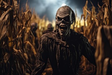 Fototapeta na wymiar Haunted corn maze with hidden scares and creepy surprises, offering a thrilling adventure for thrill-seekers - Generative AI