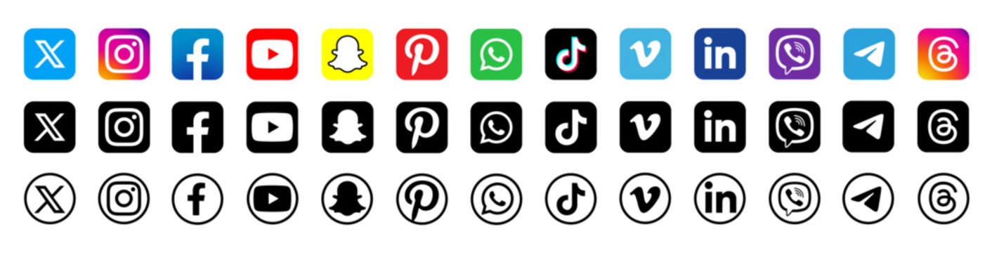 Latest updated social media icon set  . X , Threads, Instagram, Facebook, YouTube, Telegram, Tik Tok, Pinterest, Snapchat, WhatsApp, LinkedIn, Vimeo, Viber. Social media icon outline. vector 