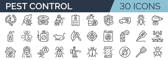 Set of 30 outline icons related to pest control, bugs, insects. Linear icon collection. Editable stroke. Vector illustration - obrazy, fototapety, plakaty