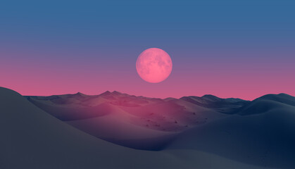 Beautiful sand dunes in the Sahara desert at sunrise with super full moon - Sahara, Morocco 