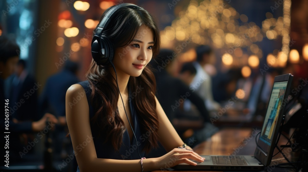 Sticker Asian call center team, customer service, telesales in formal suit wearing headset or headphone talking with customer in modern office. Generative Ai