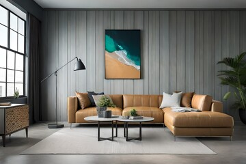 minimal design appartment, a wall with 2 or 3 picture frames, modern living-room, colourful furniture, perpendicular composition, center perspective, very detailed, photorealistic, photographic, Eastm - obrazy, fototapety, plakaty