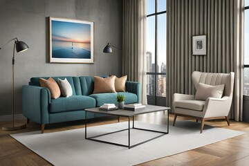 minimal design appartment, a wall with 2 or 3 picture frames, modern living-room, colourful furniture, perpendicular composition, center perspective, very detailed, photorealistic, photographic, Eastm