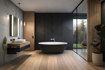 Fototapeta na wymiar Interior of a bathroom with a black wall, a wooden shelf, a black, angular sink, and a small, vertical mirror. Detailed mockup