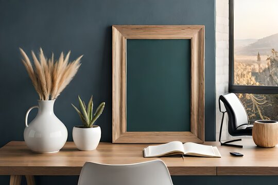 Retro interior design of living room with stylish vintage chair and table, plants, cacti, personal accessories and gold mock up poster frame on the beige wall