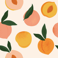 Peach or apricot seamless pattern. Hand drawn fruit and sliced pieces. Summer tropical endless background. Vector fruit design for label, fabric, packaging. Seamless surface design. - obrazy, fototapety, plakaty