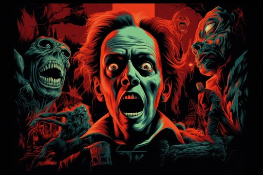 Classic horror movie faces and covers, with viewers enjoying spooky films and cult classics to set the Halloween mood - Generative AI