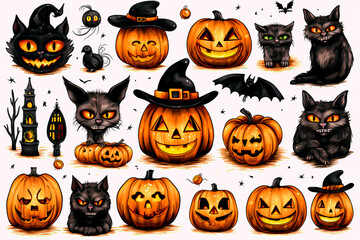 Graphic elements on the theme of Halloween. Halloween characters. Pattern, background, wallpaper. 