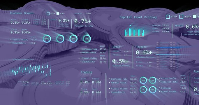 Animation of financial data processing over stacks of american dollar coins