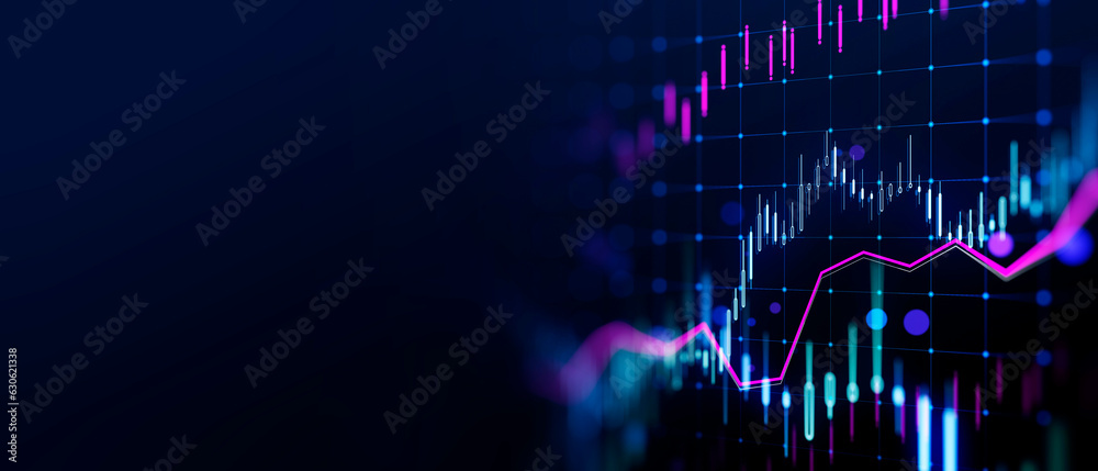 Poster glowing candlestick forex chart on blurry wide backdrop with mock up place. technology, trade and fi