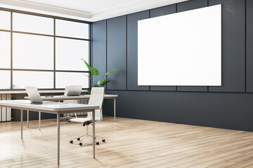 Modern concrete and wooden office interior with empty white mock up banner , window, furniture, equipment and daylight. 3D Rendering.