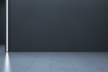 Bright dark geometric interior with mock up place on walls and reflections on floor. Exhibition, gallery and layout concept. 3D Rendering.