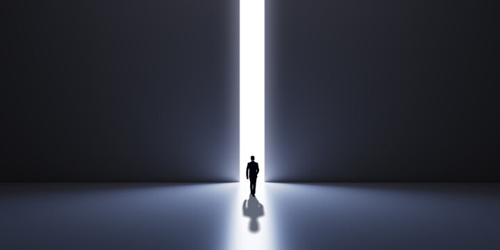 Back view of male silhouette in abstract concrete interior with line opening in wall, shadow and mock up place. Success, financial growth and future concept. - Powered by Adobe