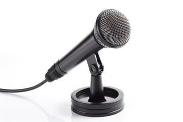 A black microphone on a black stand with a silver mesh head and a wire in a white background