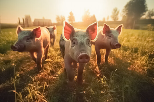 Curious little pigs on a farm looks into the camera. Lots of cute piglets on the walk. Pig farming. 