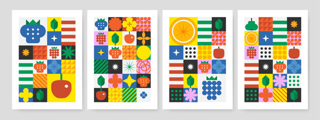 Simple geometric vector background with star shapes, flower shapes, fruits and berries symbol and abstract bauhaus forms. Geometric trendy composition for web design, poster, cover, menu