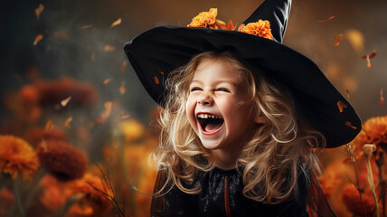 Obraz premium Happy laughing girl in witch costume for halloween